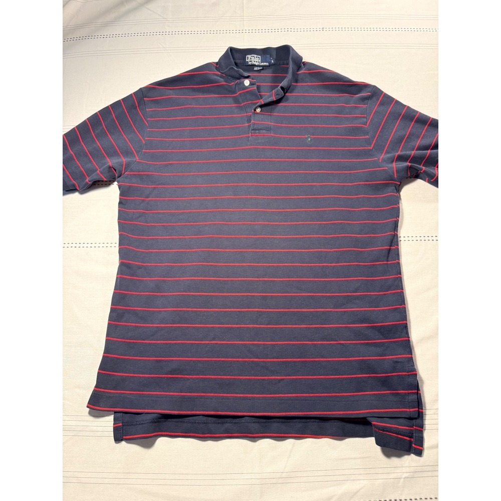 Polo Ralph Lauren Mens Large Navy Red Striped Short Sleeve Cotton Polo Shirt